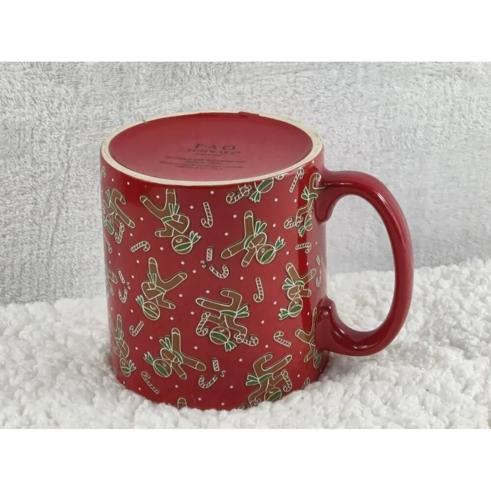 Red Gingerbread Man Mug by FAO Schwarz Shinny Candy Cane Holiday Season Xmas
